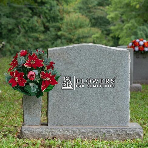 Sympathy Silks Artificial Cemetery Flowers - Red Poinsettias and Roses with Glitter and Frosted Pine Branches - (1) Bouquet in Saudi Arabia