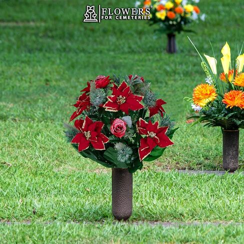 Sympathy Silks Artificial Cemetery Flowers - Red Poinsettias and Roses with Glitter and Frosted Pine Branches - (1) Bouquet in Saudi Arabia