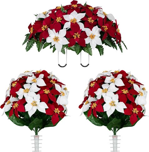 Sympathy Silks Artificial Cemetery Flowers - Red Poinsettias and Roses with Glitter and Frosted Pine Branches - (1) Bouquet in Saudi Arabia