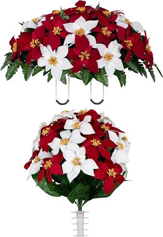 Sympathy Silks Artificial Cemetery Flowers - Red Poinsettias and Roses with Glitter and Frosted Pine Branches - (1) Bouquet in Saudi Arabia