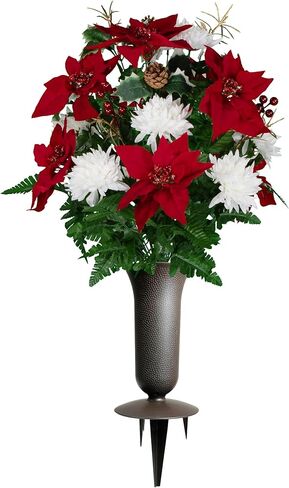 Sympathy Silks Artificial Cemetery Flowers - Red Poinsettias and Roses with Glitter and Frosted Pine Branches - (1) Bouquet in Saudi Arabia