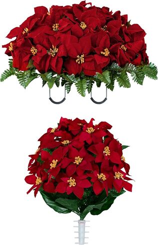 Sympathy Silks Artificial Cemetery Flowers - Red Poinsettias and Roses with Glitter and Frosted Pine Branches - (1) Bouquet in Saudi Arabia