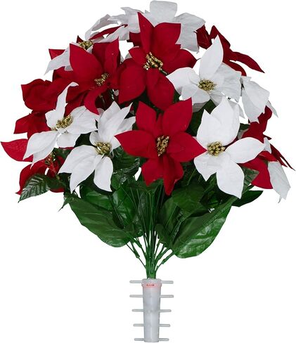 Sympathy Silks Artificial Cemetery Flowers - Red Poinsettias and Roses with Glitter and Frosted Pine Branches - (1) Bouquet in Saudi Arabia