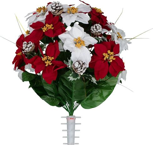 Sympathy Silks Artificial Cemetery Flowers - Red Poinsettias and Roses with Glitter and Frosted Pine Branches - (1) Bouquet in Saudi Arabia