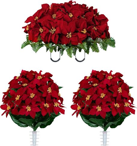 Sympathy Silks Artificial Cemetery Flowers - Red Poinsettias and Roses with Glitter and Frosted Pine Branches - (1) Bouquet in Saudi Arabia