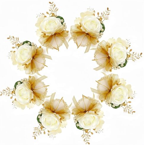 مجموعة Ruawtcs Champagne Boutonniere and Corsage - قطعتان من أساور العريس وصدرية المعصم لحفلات الزفاف، والحفلات الراقصة والذكرى السنوية، وحفلات العشاء الرسمية وحامل الخاتم وإكسسوارات ابنة الأخت in Saudi Arabia