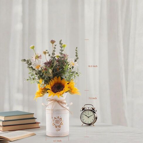 Fake Flowers in Vase,Sunflowers Artificial Flowers Silk Flower Arrangements with Metal Flower Vase Faux Flowers Sunflower Kitchen Decor Yellow Bathroom Decor Sunflower Gifts for Women (Yellow) in Saudi Arabia