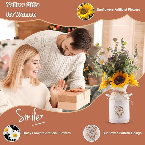 Fake Flowers in Vase,Sunflowers Artificial Flowers Silk Flower Arrangements with Metal Flower Vase Faux Flowers Sunflower Kitchen Decor Yellow Bathroom Decor Sunflower Gifts for Women (Yellow) in Saudi Arabia