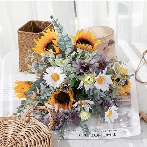 Fake Flowers in Vase,Sunflowers Artificial Flowers Silk Flower Arrangements with Metal Flower Vase Faux Flowers Sunflower Kitchen Decor Yellow Bathroom Decor Sunflower Gifts for Women (Yellow) in Saudi Arabia
