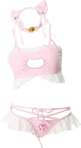 MEOWCOS Women's Cosplay Lingerie Set Cute Cat Girl Lingerie Sets Sexy Cosplay Outfit with Necklace and Headdress in Saudi Arabia