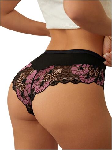BEAUDRM Women's Floral Lace Brief Underwear Mid Rise No Show Mesh Thongs Panty Hipster in Saudi Arabia