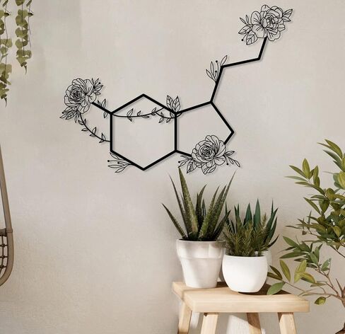 Serotonin Metal Wall Art – Flowered Serotonin Molecule Symbol of Happiness Wall Decor, Unique Black Metal Home Decor for Living Room, Bedroom, Kitchen, Boho Housewarming Gift (Black, 18.9" x 13.8" / 48 x 35 cm) in Saudi Arabia
