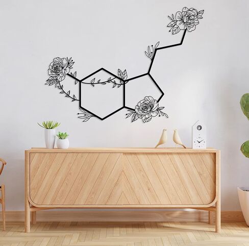 Serotonin Metal Wall Art – Flowered Serotonin Molecule Symbol of Happiness Wall Decor, Unique Black Metal Home Decor for Living Room, Bedroom, Kitchen, Boho Housewarming Gift (Black, 18.9" x 13.8" / 48 x 35 cm) in Saudi Arabia