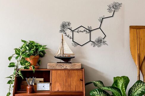 Serotonin Metal Wall Art – Flowered Serotonin Molecule Symbol of Happiness Wall Decor, Unique Black Metal Home Decor for Living Room, Bedroom, Kitchen, Boho Housewarming Gift (Black, 18.9" x 13.8" / 48 x 35 cm) in Saudi Arabia