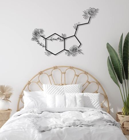 Serotonin Metal Wall Art – Flowered Serotonin Molecule Symbol of Happiness Wall Decor, Unique Black Metal Home Decor for Living Room, Bedroom, Kitchen, Boho Housewarming Gift (Black, 18.9" x 13.8" / 48 x 35 cm) in Saudi Arabia