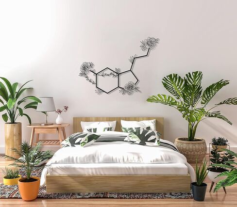 Serotonin Metal Wall Art – Flowered Serotonin Molecule Symbol of Happiness Wall Decor, Unique Black Metal Home Decor for Living Room, Bedroom, Kitchen, Boho Housewarming Gift (Black, 18.9" x 13.8" / 48 x 35 cm) in Saudi Arabia