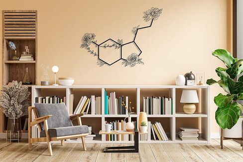 Serotonin Metal Wall Art – Flowered Serotonin Molecule Symbol of Happiness Wall Decor, Unique Black Metal Home Decor for Living Room, Bedroom, Kitchen, Boho Housewarming Gift (Black, 18.9" x 13.8" / 48 x 35 cm) in Saudi Arabia