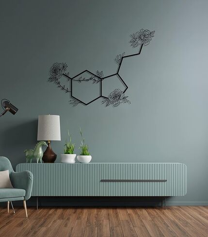 Serotonin Metal Wall Art – Flowered Serotonin Molecule Symbol of Happiness Wall Decor, Unique Black Metal Home Decor for Living Room, Bedroom, Kitchen, Boho Housewarming Gift (Black, 18.9" x 13.8" / 48 x 35 cm) in Saudi Arabia