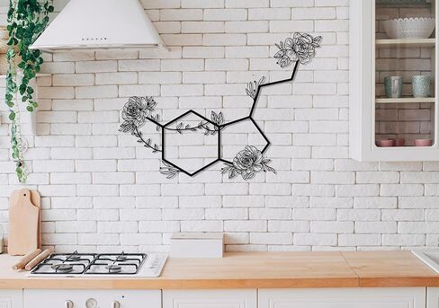Serotonin Metal Wall Art – Flowered Serotonin Molecule Symbol of Happiness Wall Decor, Unique Black Metal Home Decor for Living Room, Bedroom, Kitchen, Boho Housewarming Gift (Black, 18.9" x 13.8" / 48 x 35 cm) in Saudi Arabia