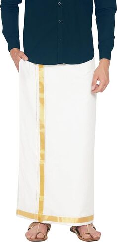 مجموعة SETHUKRISHNA للرجال باللون الأبيض من الحرير الجاهز للجيب Dhoti (أبيض) (مقاس واحد) (D318) in Kuwait