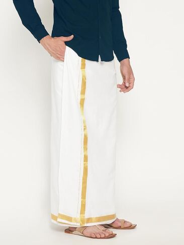مجموعة SETHUKRISHNA للرجال باللون الأبيض من الحرير الجاهز للجيب Dhoti (أبيض) (مقاس واحد) (D318) in Kuwait