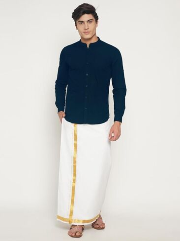 مجموعة SETHUKRISHNA للرجال باللون الأبيض من الحرير الجاهز للجيب Dhoti (أبيض) (مقاس واحد) (D318) in Kuwait