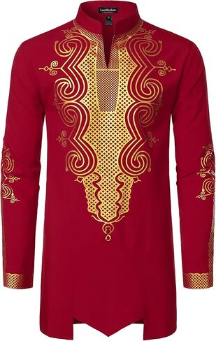 LucMatton Men's Traditional African Dashiki Long Sleeve Slim Fit Tunic Shirt with Metallic Foil Stamping Mandarin Collar in Saudi Arabia