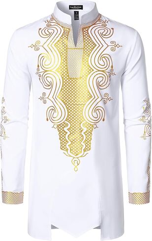 LucMatton Men's Traditional African Dashiki Long Sleeve Slim Fit Tunic Shirt with Metallic Foil Stamping Mandarin Collar in Saudi Arabia
