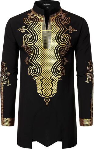LucMatton Men's Traditional African Dashiki Long Sleeve Slim Fit Tunic Shirt with Metallic Foil Stamping Mandarin Collar in Saudi Arabia