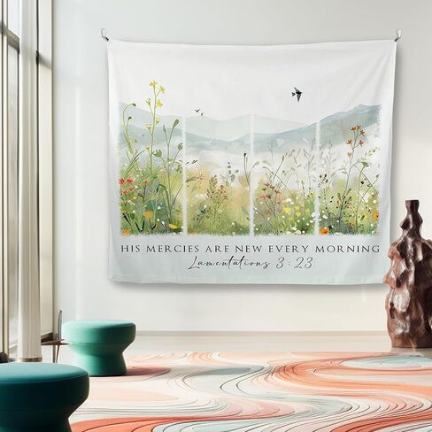 Mcehtle Floral Christian Tapestry, Bible Verse Religious Wall Tapestries, Scripture His Mercies Are New Every Morning Wall Hanging Decor for Bedroom Living Room Home, 50x60 Inch in Saudi Arabia