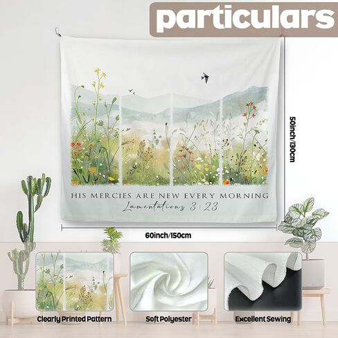 Mcehtle Floral Christian Tapestry, Bible Verse Religious Wall Tapestries, Scripture His Mercies Are New Every Morning Wall Hanging Decor for Bedroom Living Room Home, 50x60 Inch in Saudi Arabia