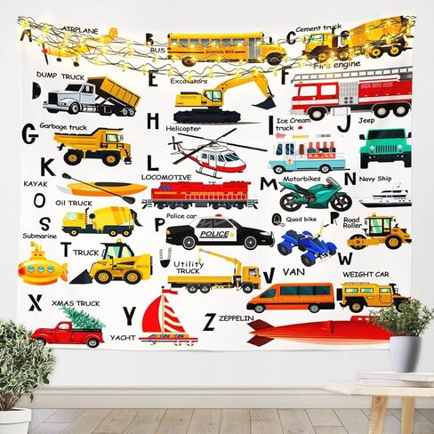 Excavator Kids Wall Art for Bedroom Living Room Fire Truck Police Car Boys Tapestry Helicopter Motorcycle Ambulance Toddler Tapestry Wall Hanging Alphabet Vehicle Cars Decor,Large 59x82 Inches in Saudi Arabia