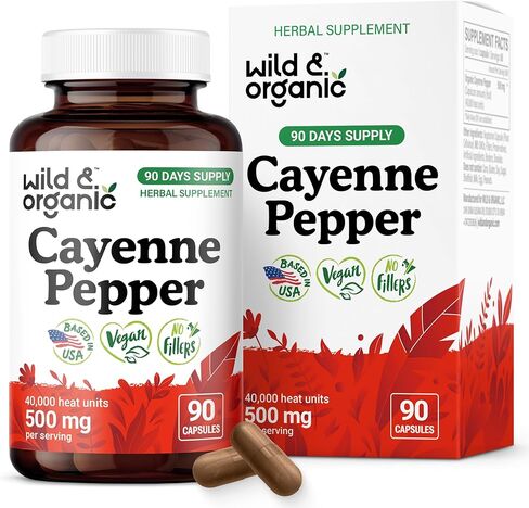 Wild & Organic Cayenne Pepper Capsules 500 mg - Digestive Support - Pure Cayenne Pepper Extract - Capsaicin Supplements - Vegan, No Fillers, Non-GMO - 60 Count in Saudi Arabia
