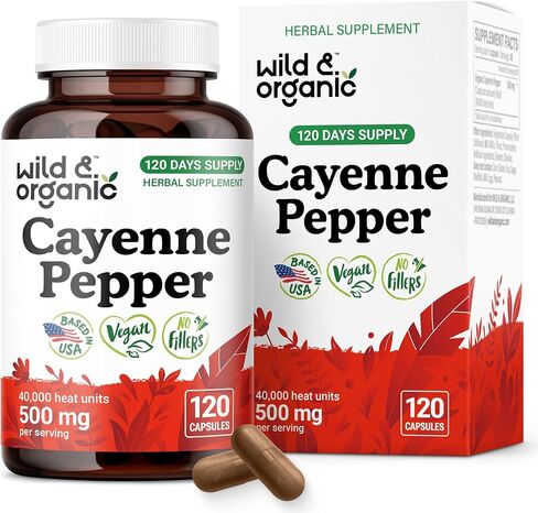 Wild & Organic Cayenne Pepper Capsules 500 mg - Digestive Support - Pure Cayenne Pepper Extract - Capsaicin Supplements - Vegan, No Fillers, Non-GMO - 60 Count in Kuwait