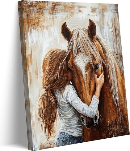 little Girl and Horse Canvas Wall Art Retro Warm Earth Tones Wall Decor Picture Little Girl Hugging Chestnut Horse Poster Print for living Room Bedroom Study Artwork Home Decoration 12x16in in Saudi Arabia