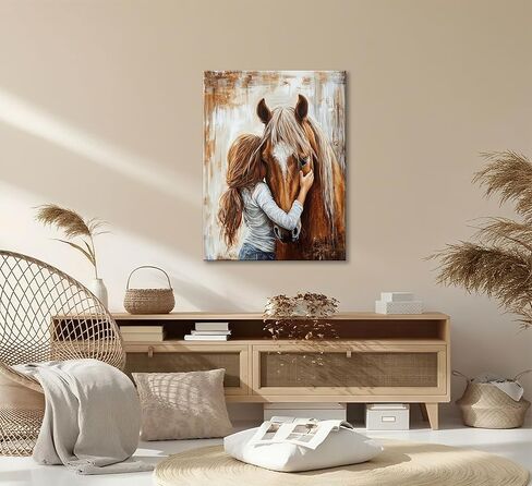 little Girl and Horse Canvas Wall Art Retro Warm Earth Tones Wall Decor Picture Little Girl Hugging Chestnut Horse Poster Print for living Room Bedroom Study Artwork Home Decoration 12x16in in Saudi Arabia