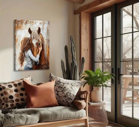 little Girl and Horse Canvas Wall Art Retro Warm Earth Tones Wall Decor Picture Little Girl Hugging Chestnut Horse Poster Print for living Room Bedroom Study Artwork Home Decoration 12x16in in Saudi Arabia