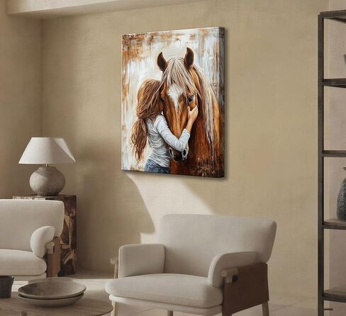 little Girl and Horse Canvas Wall Art Retro Warm Earth Tones Wall Decor Picture Little Girl Hugging Chestnut Horse Poster Print for living Room Bedroom Study Artwork Home Decoration 12x16in in Saudi Arabia