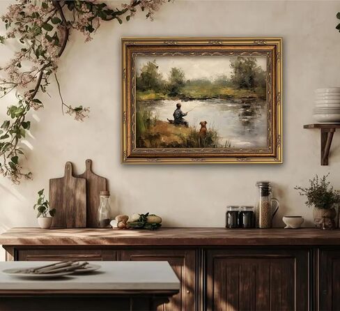 Vintage Gold Framed Wall Art Tree Forest Landscape Painting Canvas Prints Green Gray Tree Natural Sketch Picture Rustic Farmhouse Poster Artwork for Living Room Bedroom Bathroom, 9x11in in Saudi Arabia