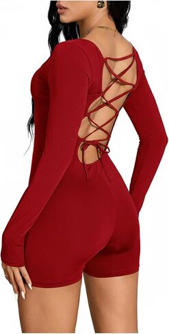 WDIRARA Women's Shorts Bodysuit Long Sleeve Backless Bodycon Jumpsuit Square Neck Crisscross Tie Romper One Piece Outfits in Kuwait
