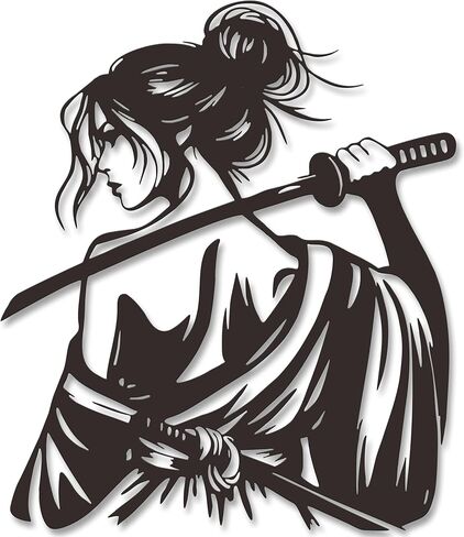 JEWLOVE لوحة فنية جدارية يابانية، تمثال معدني ساموراي الحارس الغامض - محارب أنثى غامض مع كاتانا، ديكور جدار الرسوم المتحركة لمساحات زن ومجموعة - الساموراي الحارس الغامض in Kuwait