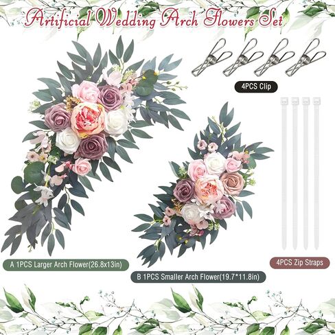 زهور قوس الزفاف (عبوة من قطعتين)، زخارف قوس الزهور الاصطناعية المغبرة لحفلات الزفاف مثالية لتزيين لافتات الترحيب بالزفاف، وترتيبات خلفية الولائم، وحفلات الزفاف (وردي) in Kuwait