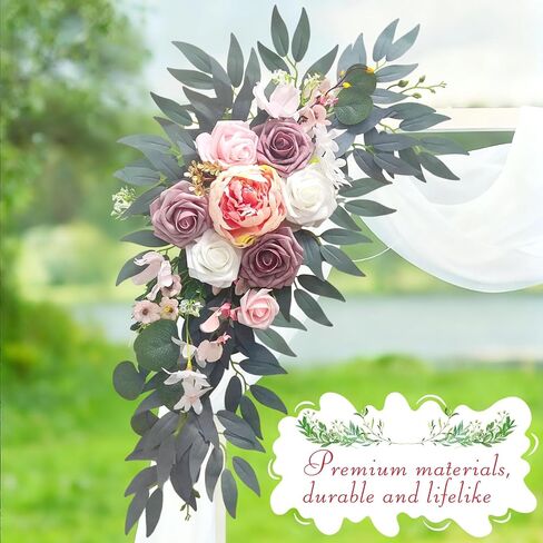 زهور قوس الزفاف (عبوة من قطعتين)، زخارف قوس الزهور الاصطناعية المغبرة لحفلات الزفاف مثالية لتزيين لافتات الترحيب بالزفاف، وترتيبات خلفية الولائم، وحفلات الزفاف (وردي) in Kuwait