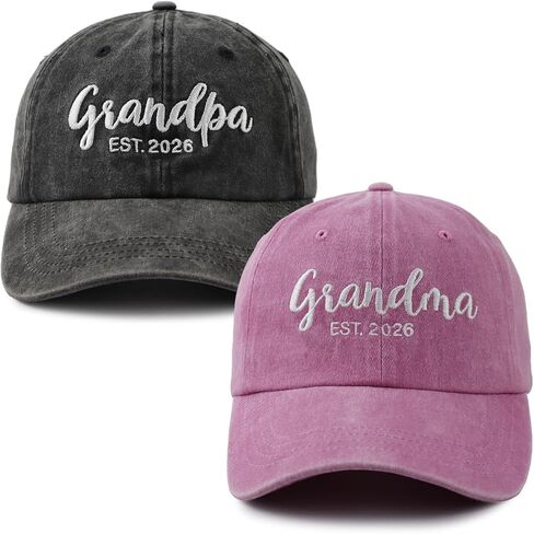 2PCS Grandma and Grandpa Est 2026 Hats for Grandparents, Adjustable Embroidered Cotton Baseball Cap for Women Men in Saudi Arabia