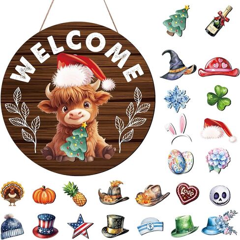 Gameza Interchangeable Welcome Sign for Front Door, Highland Cow Welcome Sign with Interchangeable Holiday Magnet Swappable Pieces, Wooden Home Hanging Decor in Saudi Arabia