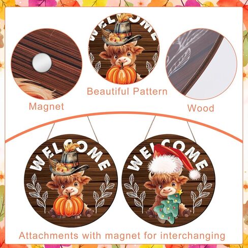Gameza Interchangeable Welcome Sign for Front Door, Highland Cow Welcome Sign with Interchangeable Holiday Magnet Swappable Pieces, Wooden Home Hanging Decor in Saudi Arabia