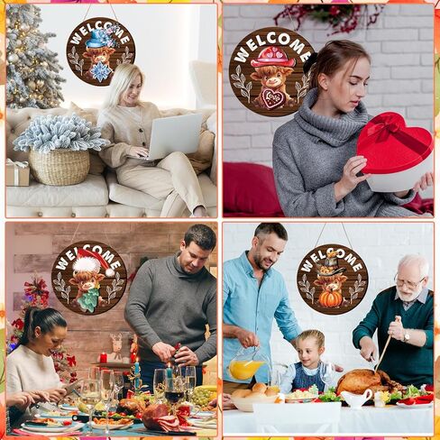 Gameza Interchangeable Welcome Sign for Front Door, Highland Cow Welcome Sign with Interchangeable Holiday Magnet Swappable Pieces, Wooden Home Hanging Decor in Saudi Arabia