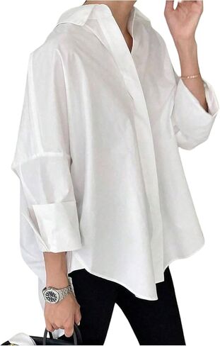 GORGLITTER Women's Button Down Shirts Oversized Bell Long Sleeve Top Collar Work Casual Dressy Dress Blouses Tops in Saudi Arabia