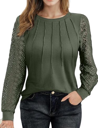 AURUZA Blouses for Women Dressy Casual, Lace Long Sleeve Tops Waffle Knit Business Casual Outfits Work Shirts Fall Clothes (XX-Large, Army Green) in Saudi Arabia