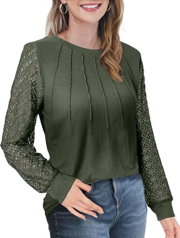AURUZA Blouses for Women Dressy Casual, Lace Long Sleeve Tops Waffle Knit Business Casual Outfits Work Shirts Fall Clothes (XX-Large, Army Green) in Saudi Arabia